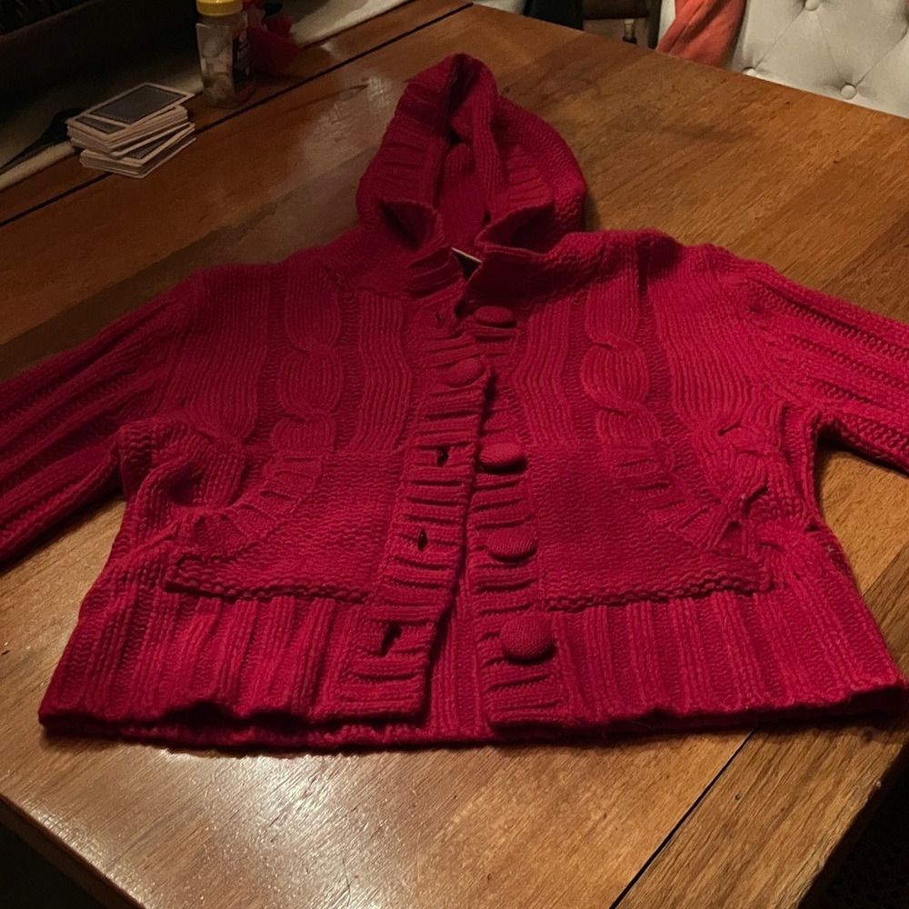 Pout Red Hooded Cable Knit Cardigan